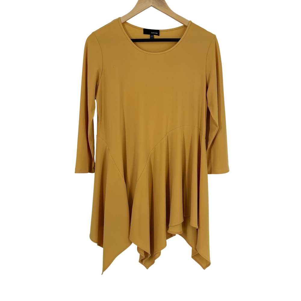 Sun Kim Mustard Yellow Asymmetric Pleated Handkerchief Hem Tunic Top SK186 Small